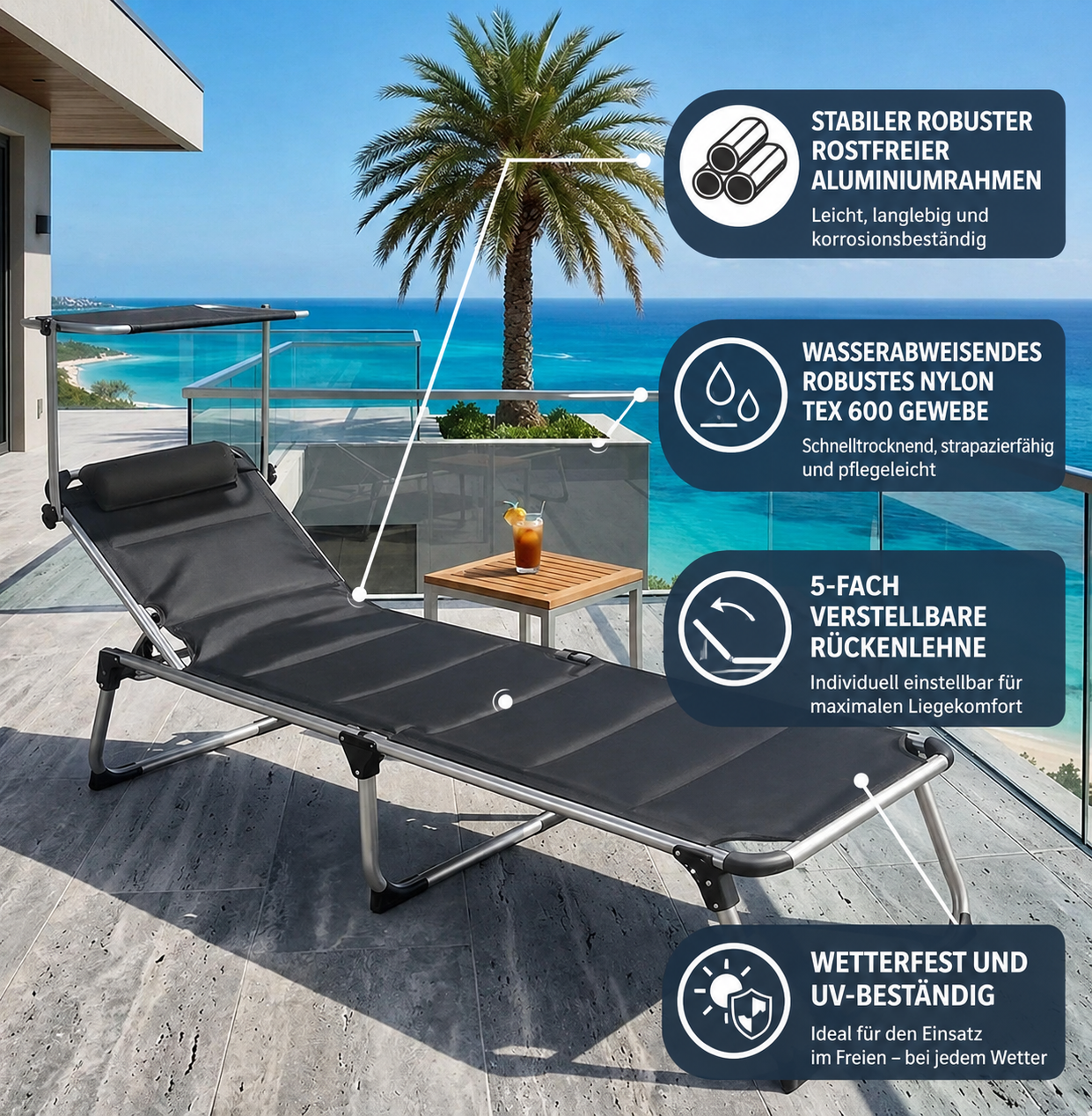 Sonnenliege MAUI Sonnendach Gartenliege Liegestuhl Relaxliege Strandliege Liege