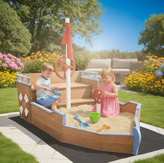 Sandkasten BUDDY Holzsandkasten Piratenschiff aus Holz Piratenboot Schiff Pirat