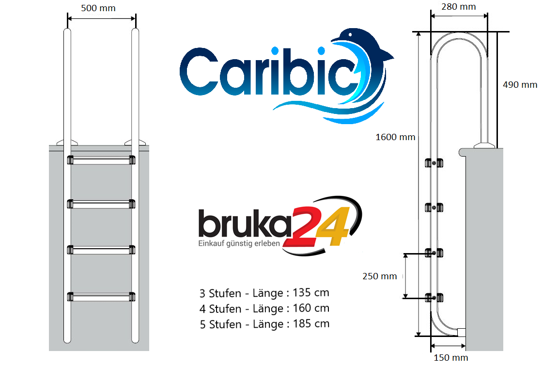 Innenliegende Poolleiter CARIBIC PRO Edelstahl Einbauleiter Leiter Pool Treppe