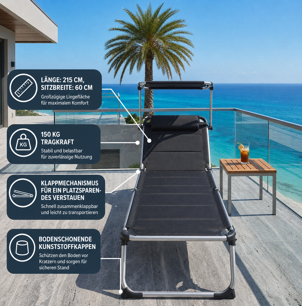 Sonnenliege MAUI Sonnendach Gartenliege Liegestuhl Relaxliege Strandliege Liege