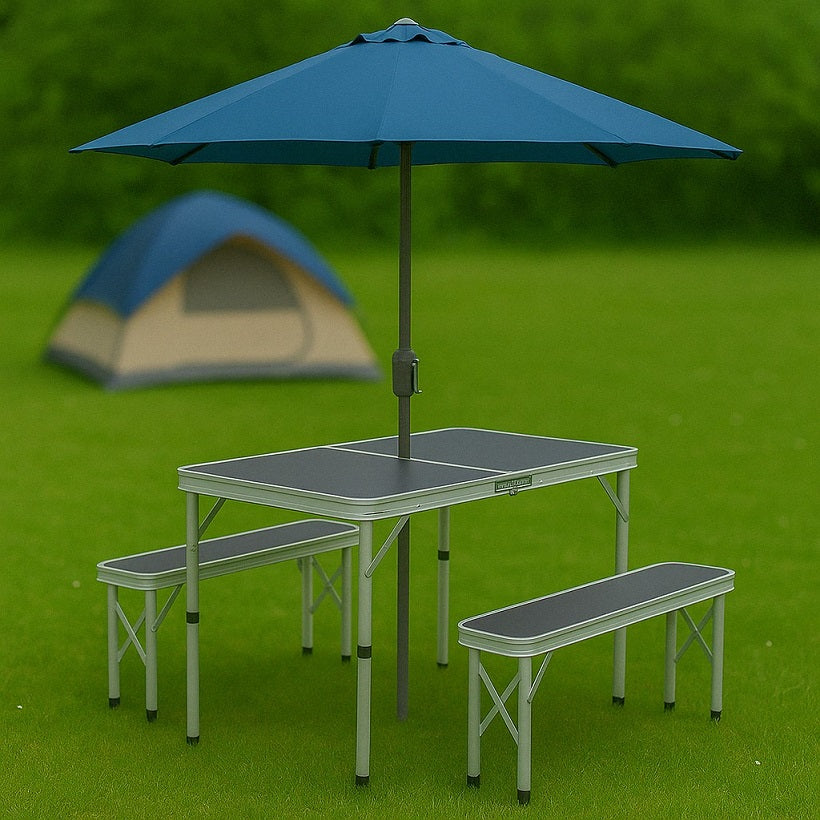 campingtisch set mit bänken Campingtisch Set GREEN HILL Klapptisch Bank Aluminium klappbar Koffert – bruka24