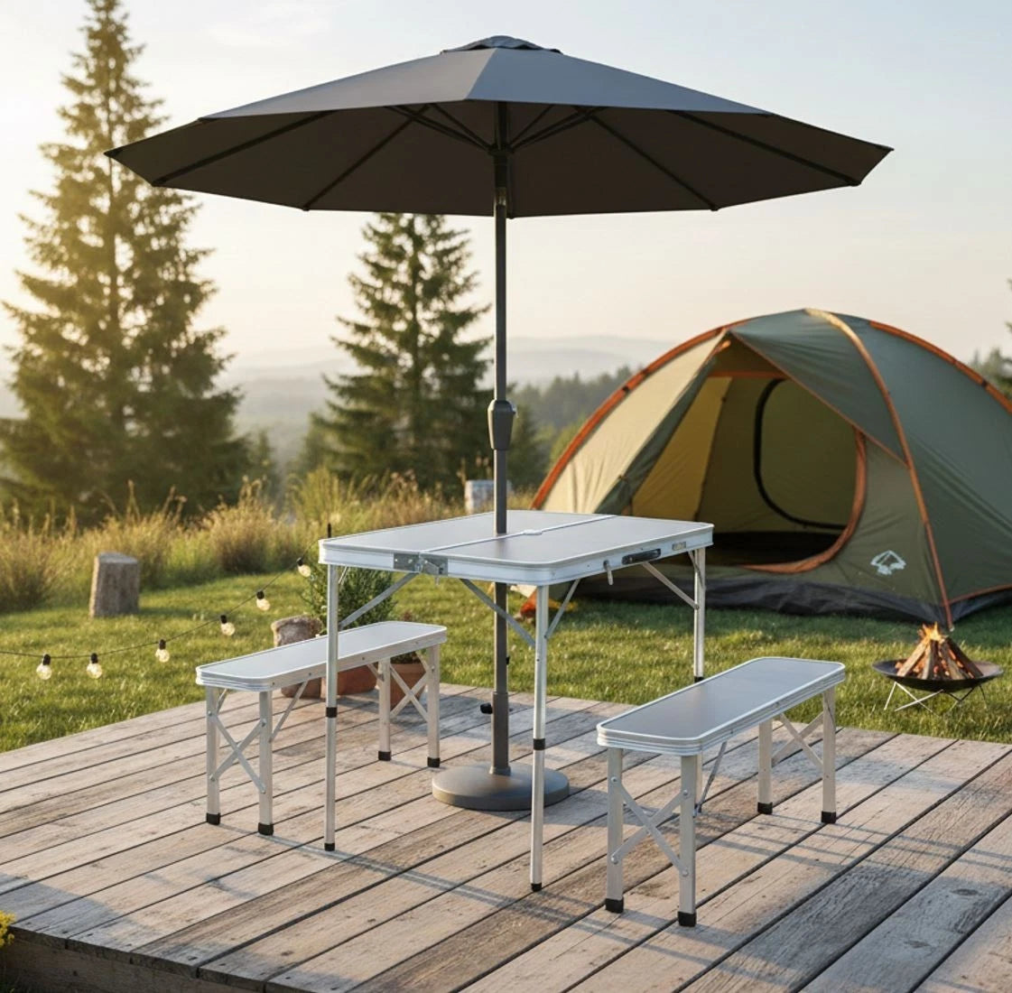 Campingtisch Set GREEN HILL Klapptisch Bank Aluminium klappbar Koffertisch