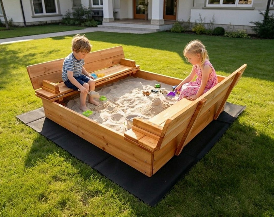 Sandkasten WOODLI mit Deckel und Sitzbänken Holzsandkasten Holz Sand Kasten