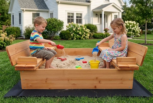 Sandkasten WOODLI mit Deckel und Sitzbänken Holzsandkasten Holz Sand Kasten
